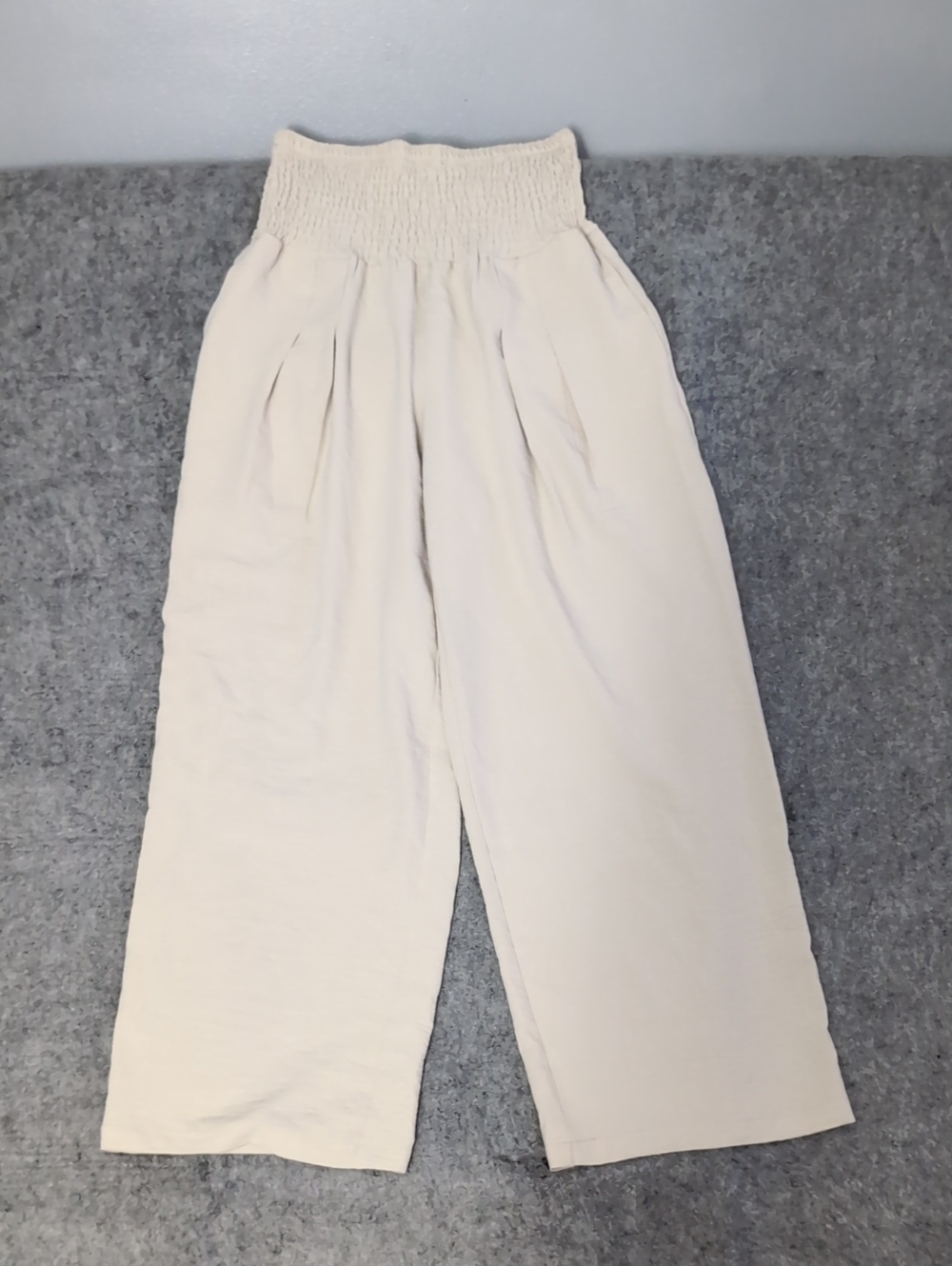 Wide-Leg Smocked Waist Pants in Cream